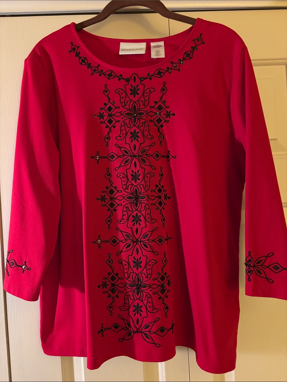 Alfred Dunner Bright Red Tunic with Black Embroidery and Jewel Embellishments